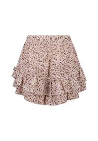 Fliederfarbene Shorts mit floralem Muster und elastischem Bund. Sie verfügen über schichtweise Rüsche und eine weiche, leichte Stofftextur.