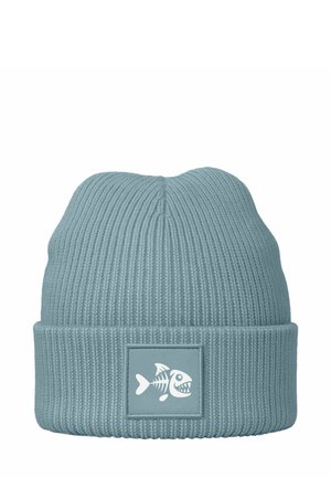 Light blue knitted beanie hat with a ribbed texture and a stitched patch featuring a white fish skeleton design on the front.