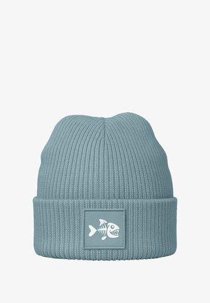 Light blue knitted beanie hat with a ribbed texture and a stitched patch featuring a white fish skeleton design on the front.