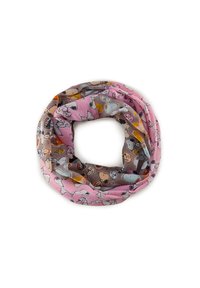 Leichter, runder Schal mit einem gemischt-pinkfarbenen Hintergrund und Hundemustern in verschiedenen Farben. Das Material wirkt weich und stoffähnlich.