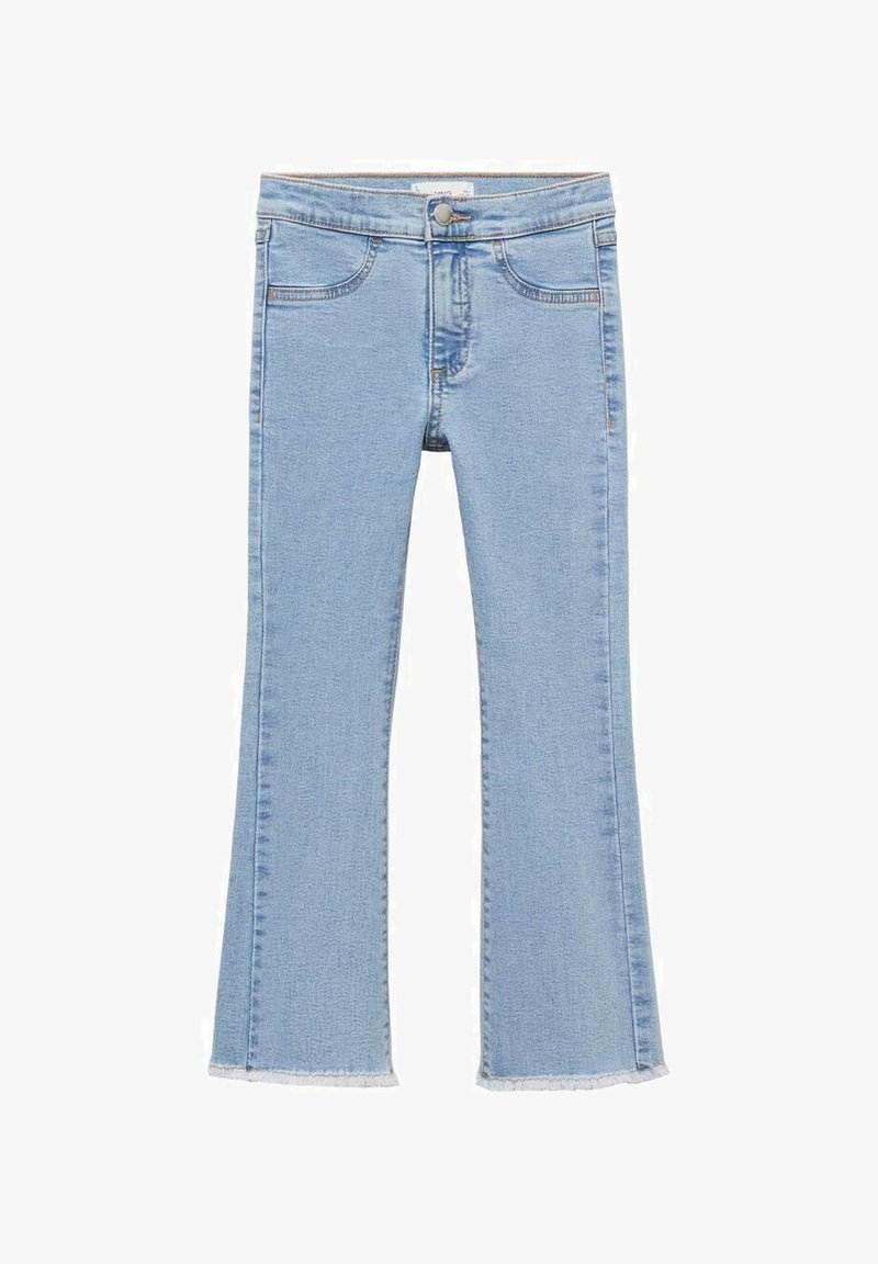 Svetlo modri flare jeans iz mehkega denima, z gumbom za zapiranje, žepi in surovim robom na hlačnicah.