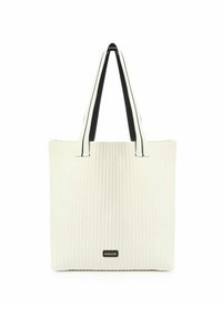 Borsa a tracolla bianca a coste con manici neri e un logo dorato. Texture liscia con coste verticali pronunciate, forma strutturata.