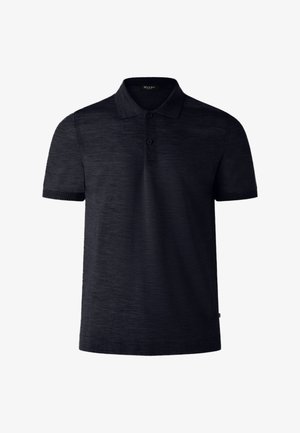 Black short-sleeve polo shirt with two buttons and a classic collar, featuring a textured fabric and ribbed sleeve cuffs.