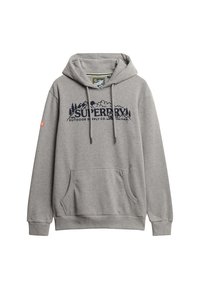 Grijze hoodie gemaakt van een katoenmix, voorzien van een kangoeroezak, trekkoordkap en een frontale grafische tekst in marineblauw, met geribde boorden bij mouwen en zoom.