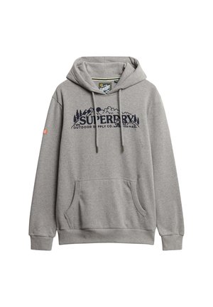 Sweat à capuche gris en mélange de coton, doté d'une poche kangourou, d'une capuche à cordon, et d'un texte graphique avant en bleu marine, avec des poignets et un ourlet côtelés.