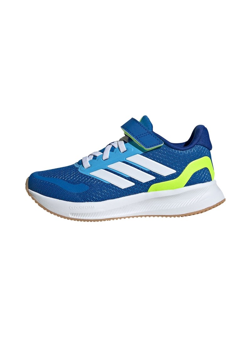 Blue athletic shoe with mesh upper, white three-stripe design, and green accents. Features a hook-and-loop strap and gum rubber sole.