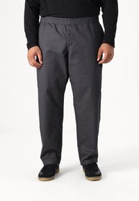 Gray, elastic-waist pants with side pockets, made of smooth fabric. Worn with black shoes featuring a gum sole and grey accents.