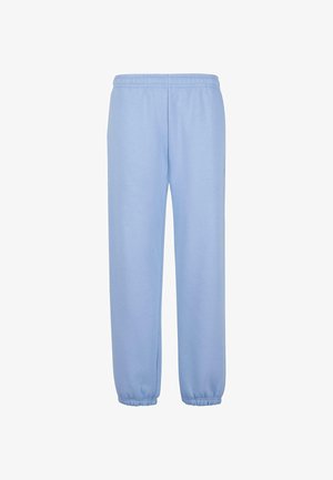Lyseblå sweatpants lavet af blødt stof, med elastisk talje og elastiske manchetter ved anklerne for en behagelig pasform.