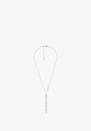 Harmaa kaulakoru, jossa on herkkä ketju ja riipus, jossa on kaksi roikkuvaa riviä pieniä kirkaita kiteitä. Minimalistinen ja tyylikäs muotoilu.