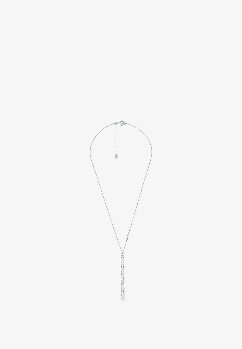 Srebrny naszyjnik z delikatnym łańcuszkiem i zawieszką z dwoma kaskadowymi rzędami małych, przezroczystych kryształów. Minimalistyczny i elegancki design.