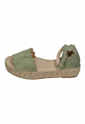 Green suede espadrille sandal with scalloped edges, ankle strap with buckle, and braided jute platform sole.