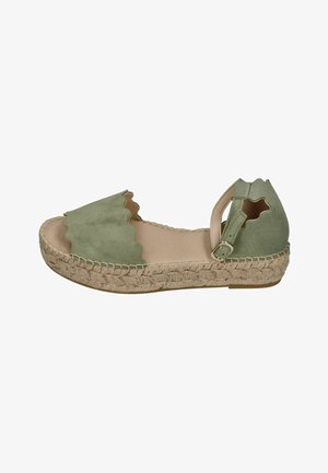 Green suede espadrille sandal with scalloped edges, ankle strap with buckle, and braided jute platform sole.