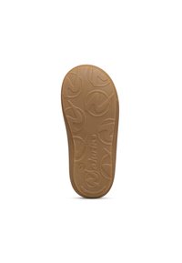 Spód buta dziecka w kolorze brązowym, z teksturowanymi okrągłymi wzorami i numerem rozmiaru 20, widok od spodu na białym tle.