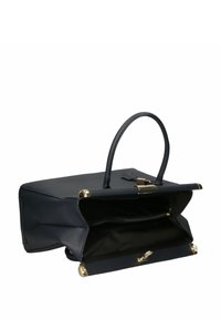Borsa a mano in pelle blu navy con forma strutturata, hardware dorato e apertura superiore che rivela un interno nero e una tasca con zip.