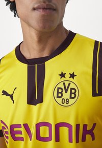 Gros plan d'une personne portant un maillot de football jaune du Borussia Dortmund avec des bordures noires, le logo Puma et le nom du sponsor Evonik.