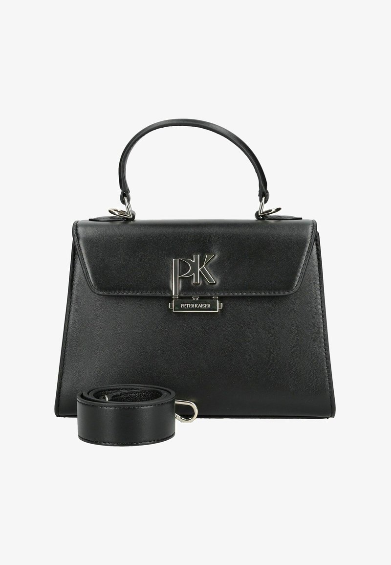 Black leather handbag with top handle, silver PK logo clasp, and detachable shoulder strap placed in front on white background.