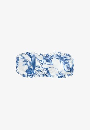 Blå og hvid strapless bikini-top med blomsterprint, frynsekanter, glat tekstur og samlet sider.