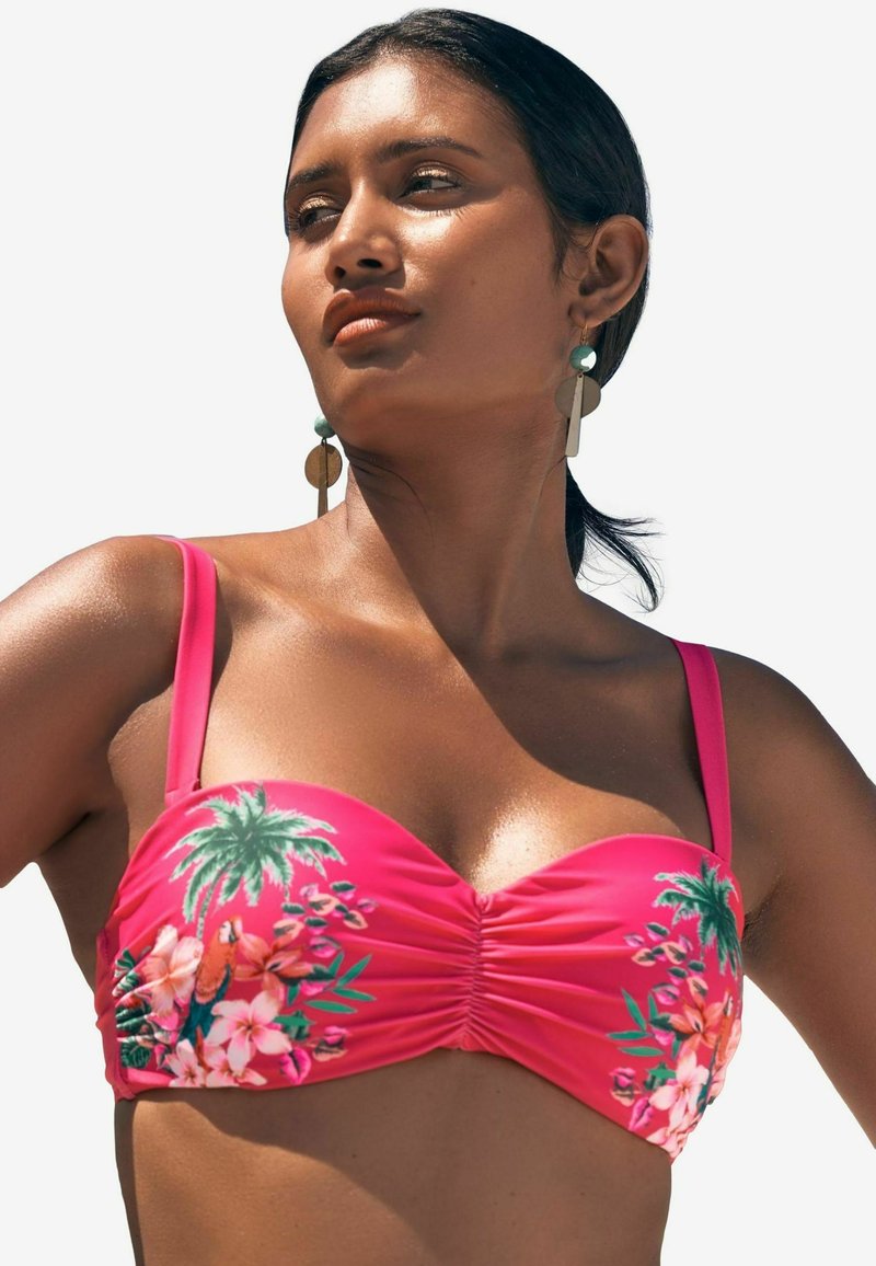 Růžový bikinový top s květinovou výšivkou s palmami a hibiskusy, nařasenou texturou a tenkými nastavovacími ramínky.