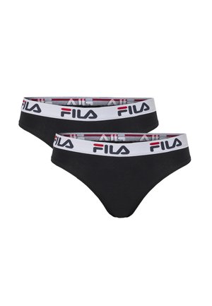 To sorte FILA g-streng med hvide elastiske linninger med FILA-logo i sort og rød.