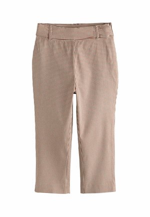 Pruunid ja valged ruudulised püksid sirge sääre lõikega, vööaasade ja külgmise lukuga.