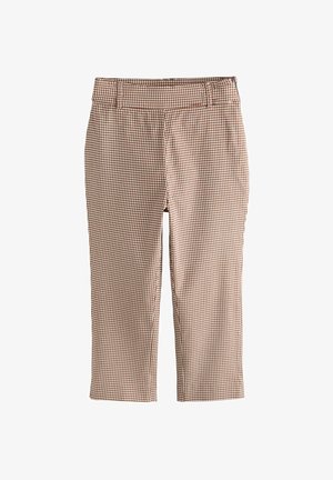 Rjave in bele kariraste hlače s pravim krojem hlačnic, zankami za pas in stranskim zapiranjem z zadrgo.