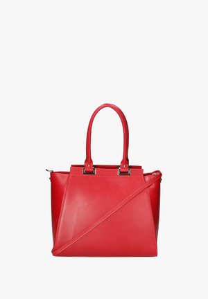 Red leather handbag with two top handles, a detachable shoulder strap, and silver-tone hardware. Features a sleek, angular design.