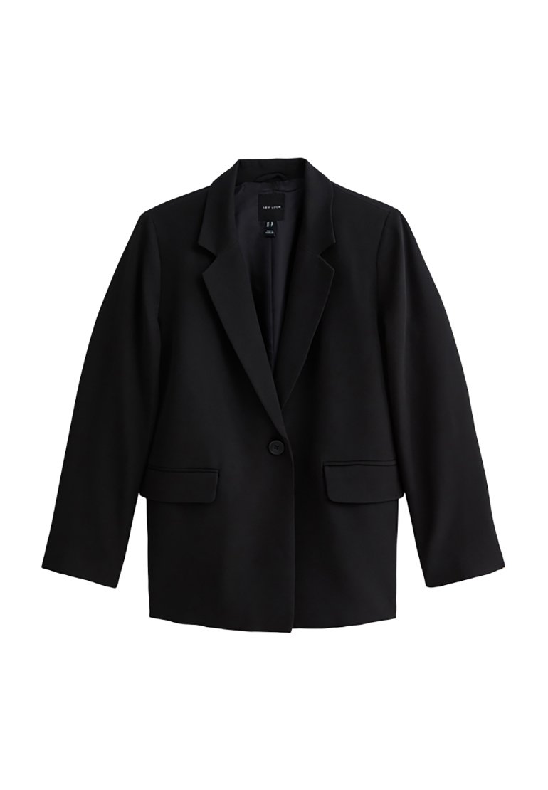 Blazer noir en tissu lisse, avec un col cranté, une fermeture à un bouton et deux poches avant, à la coupe décontractée et avec rembourrage aux épaules.
