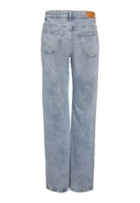 Svijetloplave široke traperice izrađene od denima, s visokim strukom, pet džepova i smešnim kožnim oznakama na stražnjem pasu.