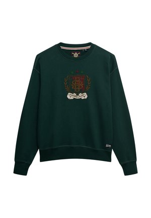 Groen sweatshirt met een ronde hals, met een geborduurd wapenschildmotief aan de voorkant, geribbelde manchetten en een tailleband.