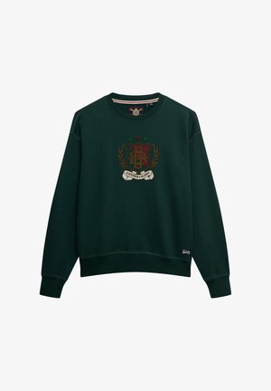 Groen sweatshirt met een ronde hals, met een geborduurd wapenschildmotief aan de voorkant, geribbelde manchetten en een tailleband.