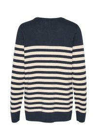 Jūras spēku un krēmkrāsas svītrainā džemperī ar apaļu kakla izgriezumu, garām piedurknēm un oglēm. Gluda tekstūra, ar mainīgām horizontālām svītrām.