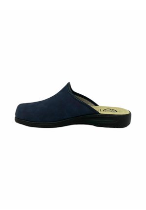 Zoccolo slip-on blu navy con materiale liscio, soletta sagomata e suola nera spessa, caratterizzato da un design minimalista e forma arrotondata.
