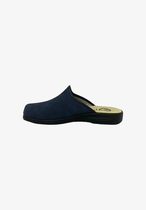 Zoccolo slip-on blu navy con materiale liscio, soletta sagomata e suola nera spessa, caratterizzato da un design minimalista e forma arrotondata.