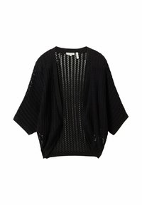 Schwarzer gestrickter Cardigan mit offener Vorderseite, kurzen weiten Ärmeln und einer lockeren, luftigen Textur. Mit horizontalen und vertikalen Mustern durchzogen.