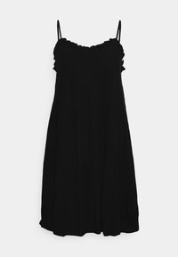 Černé bezramínkové šaty s rozšířenou siluetou, vybavené volánkovým výstřihem a tenkými nastavovacími ramínky. Vyrobeno z lehkého materiálu.