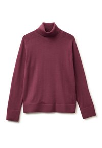 Burgundowy sweter typu golf z długimi rękawami, prążkowanym kołnierzem i dolnym wykończeniem, miękka tekstura, bezszwowe ramiona i luźny krój.