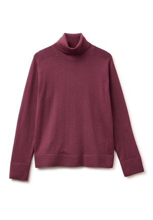 Burgunderfarbener Rollkragenpullover mit langen Ärmeln, geripptem Kragen und Saum, weichem Material, nahtlosen Schultern und lässiger Passform.
