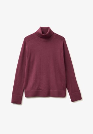 Maglione a collo alto bordeaux con maniche lunghe, colletto e orlo a coste, texture morbida, spalle senza cuciture e vestibilità comoda.