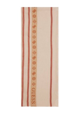 Cream scarf featuring orange stripes and circular motifs, with the brand name "GUESS" prominently displayed in the center.