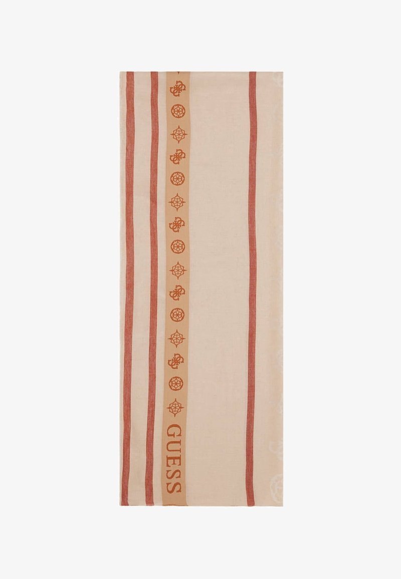 Cremefarvet tørklæde med orange striber og cirkulære motiver, hvor mærkenavnet "GUESS" er fremhævet i midten.