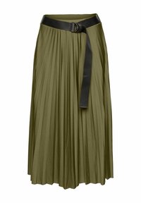 Jupe midi plissée vert olive à taille haute, accompagnée d'une ceinture en tissu noir avec une boucle double anneau métallique.
