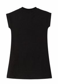 Schwarzes Kurzarm-T-Shirt mit rundem Ausschnitt, glatter Textur und lockerer Passform. Keine sichtbaren Muster oder Akzente.