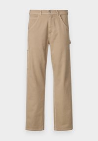 Beige cargo pants made of cotton with a straight leg design, front pockets, and side pocket. Visible stitching detail along seams.