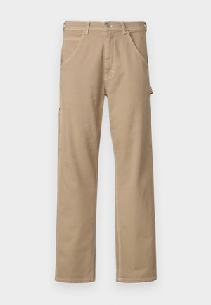 Beige cargo pants made of cotton with a straight leg design, front pockets, and side pocket. Visible stitching detail along seams.