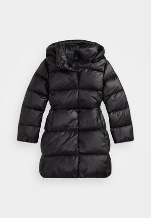 Black puffer coat with a hood, featuring a quilted design, glossy texture, and full-length sleeves. Fastened with snap buttons.