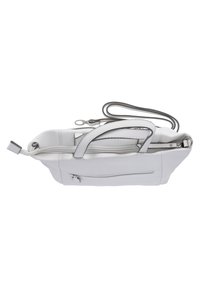 Sac à main en cuir blanc avec double anses, bandoulière amovible, fermeture zippée et une poche extérieure. Texture lisse et design minimaliste.