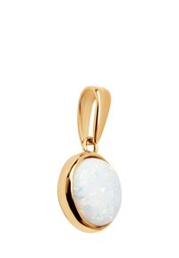 Złoty wisiorek z okrągłym opalem, charakteryzujący się gładką, opalizującą powierzchnią i wypolerowanymi złotymi akcentami go otaczającymi.