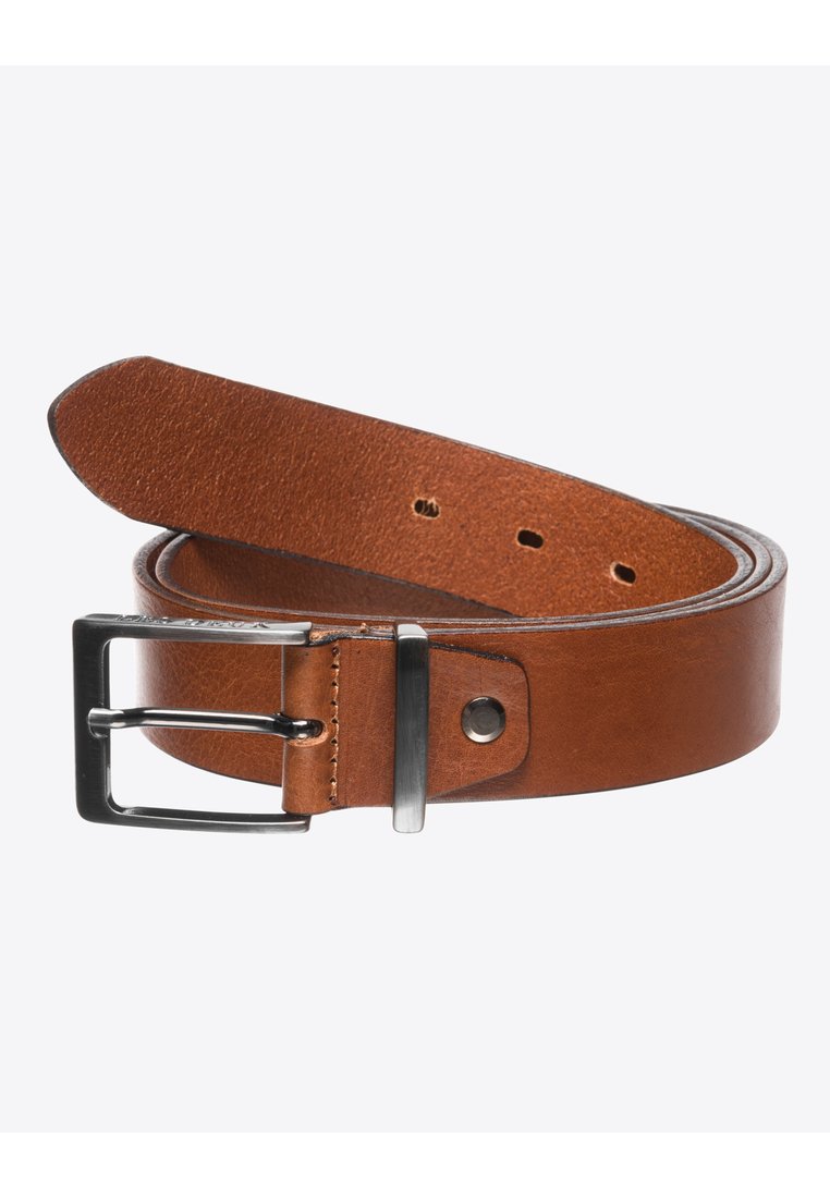 Brown leather belt with a smooth texture, silver metal buckle, and multiple holes for adjustment. Ends are rounded, buckle is rectangular.