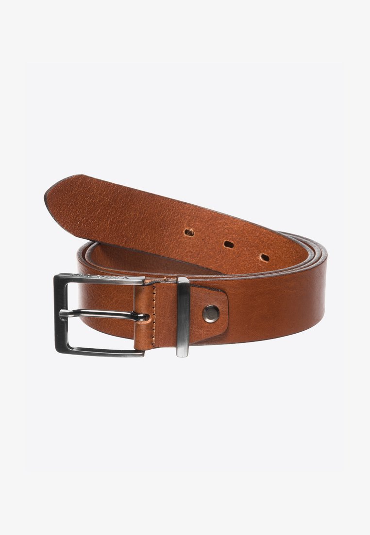Brown leather belt with a smooth texture, silver metal buckle, and multiple holes for adjustment. Ends are rounded, buckle is rectangular.