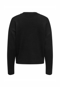 Maglione nero, lavorato a maglia testurizzata, vestibilità ampia, spalle basse, scollo a giro, polsini e orlo a coste, colore uniforme. Vista dal retro.